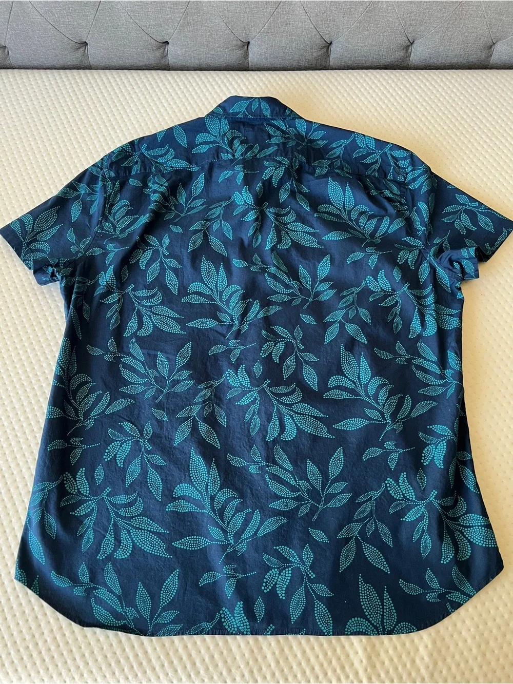 J. Crew Flex Washed Shirt Mens XL Navy Teal Print Short Sleeve Button Down NWOT
